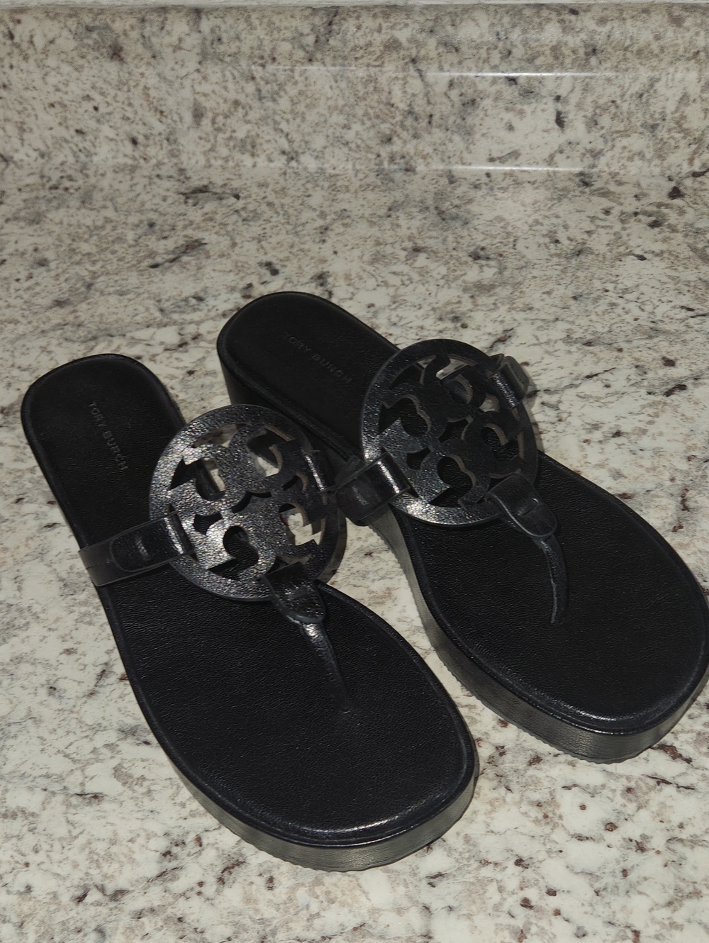 Tory Burch Black Logo Platform Thong Sandals